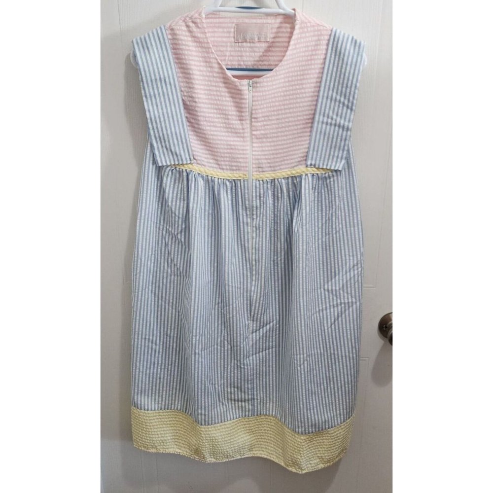 Vintage Vandemere House Coat/Dress Pastel Seersucker Zip Up Robe Nightgown Sz L